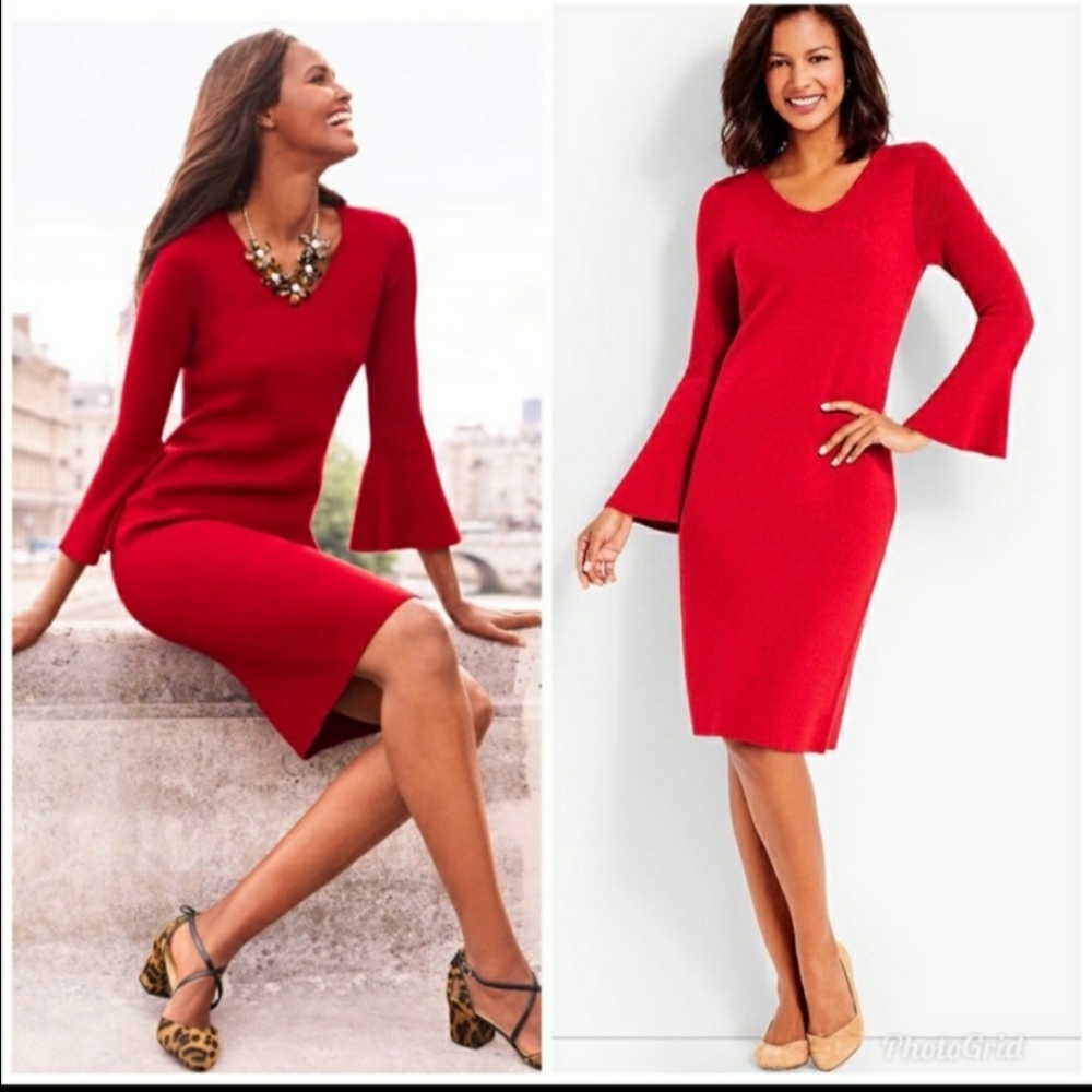 Talbots Merino Wool Red Bell Sleeve Sweater Dress
